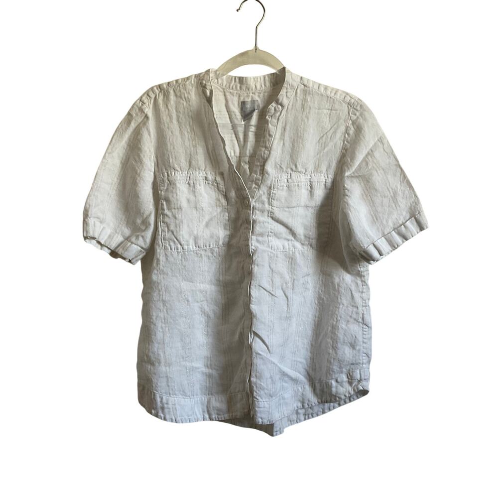 Chico’s Linen White and Gold Metallic Weave Button Down Top - Size Large 12/14